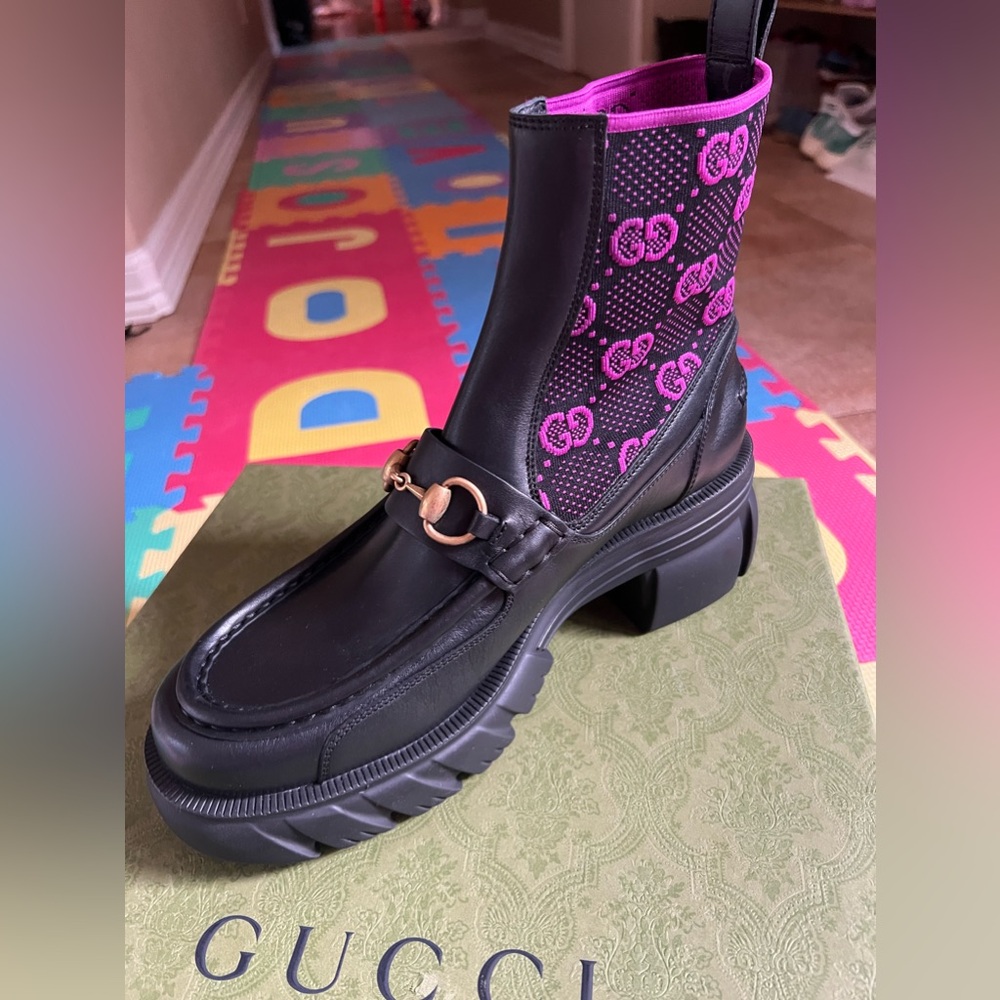 NWT Gucci Horsebit GG Jersey Boot 'Black Fuchsia' 718716